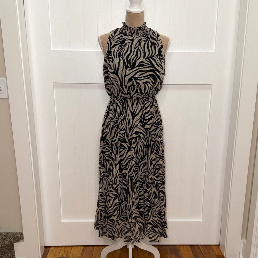 Banana Republic Black and Beige Zebra-Print Halter Maxi Dress Size SP NWT